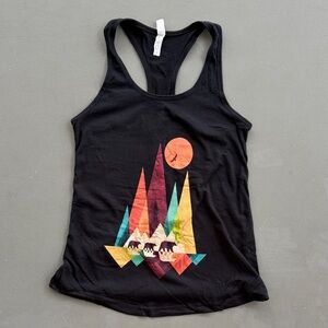Ideal T Black Tank Top with Colorful Bear and Mountain Graphic